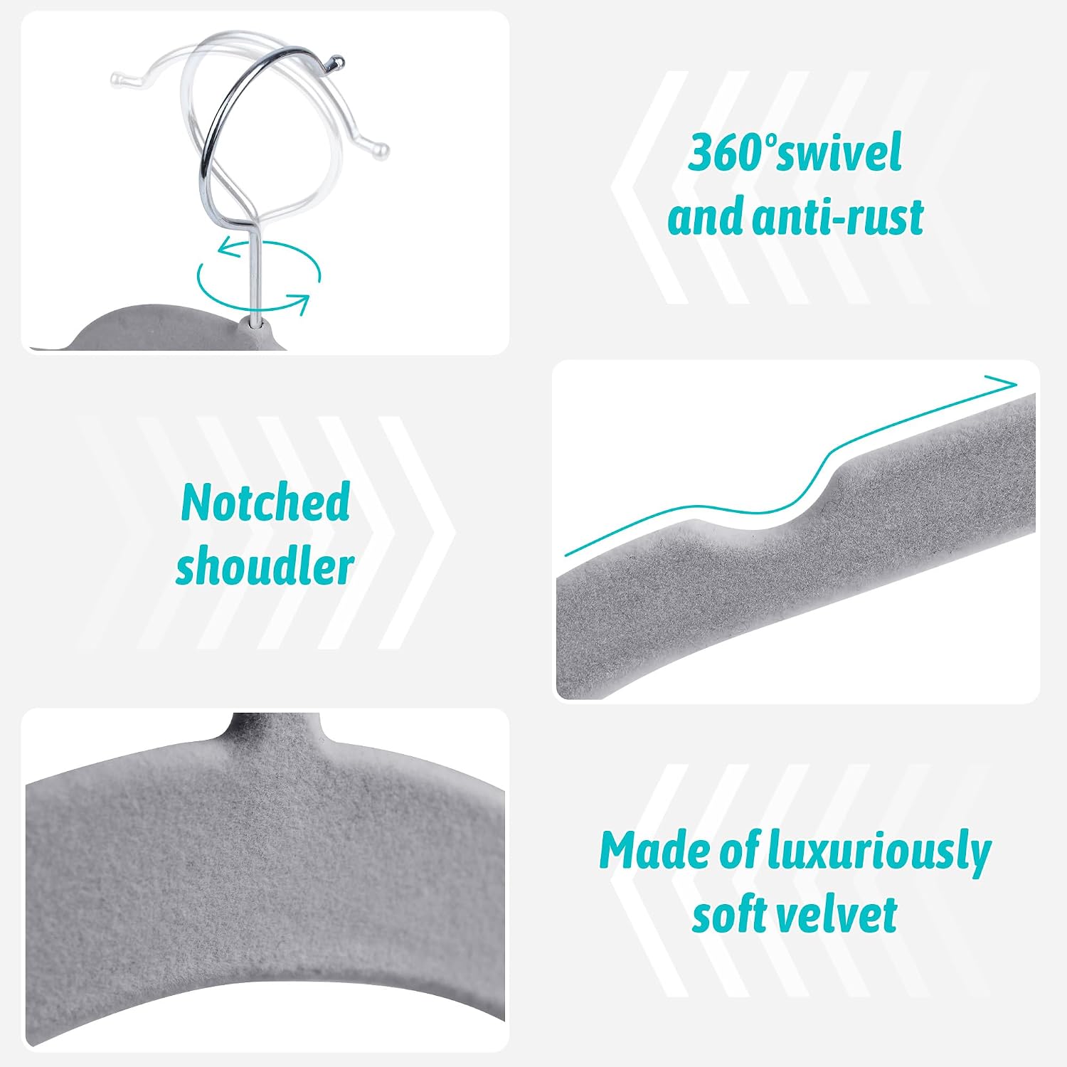 sishynio premium velvet shirt hangers 50 pack, space-saving non-slip felt hanger with 360° swivel hook, slim flocked hangers for strappy dresses, blouses, tank tops(grey) gray 360° swivel hook 50 pack