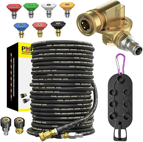 Power Washer Hose 100FT + Pivoting Coupler 3/8'' Quick Connect, High Tensile Wire Braided Car Wash Water Hose, with 2 Quick Connect Kits Compatible M22 14 mm