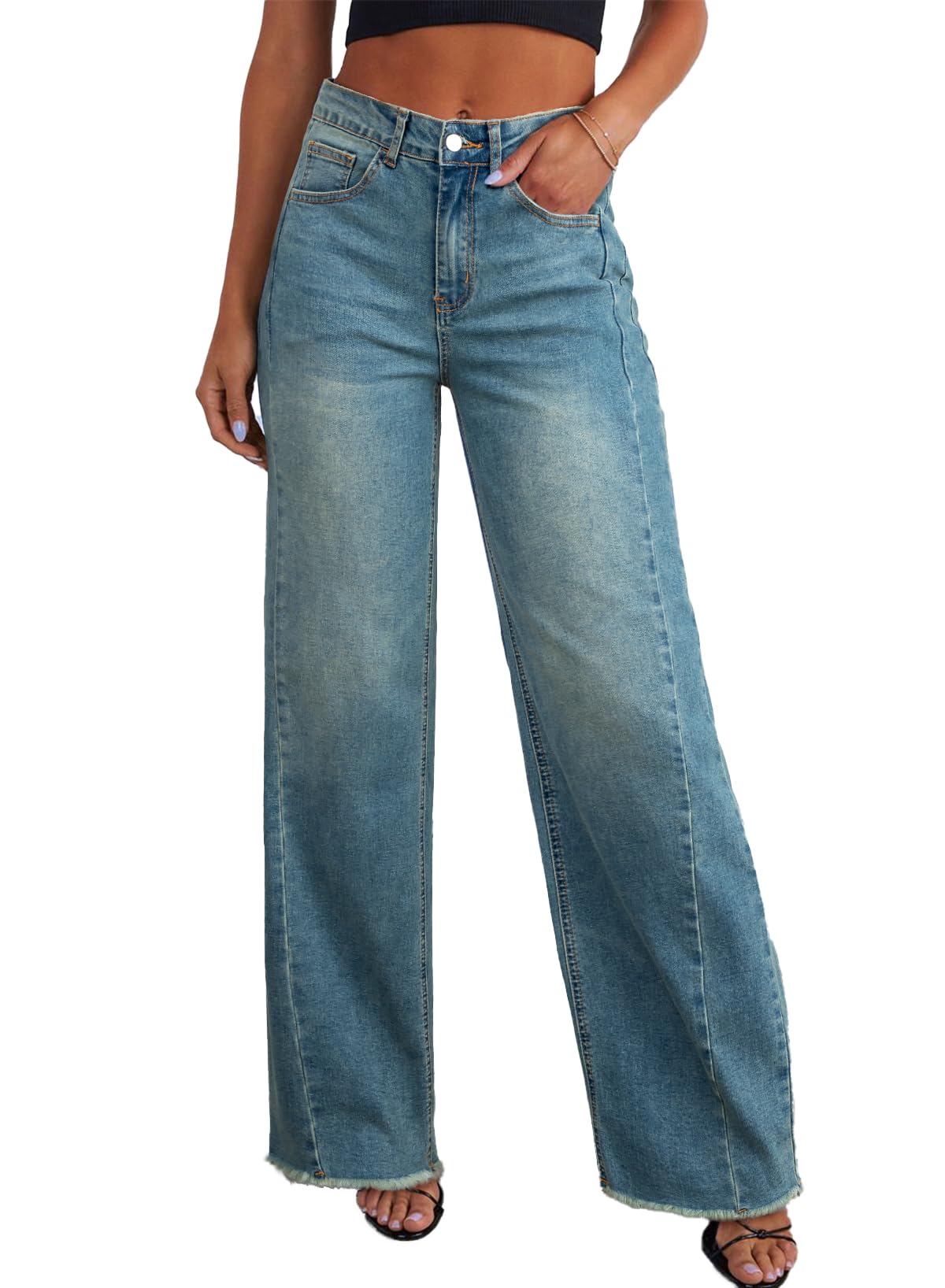 Sidefeel Women's Wide Leg Jeans High Waisted Strechy Raw Hem Zimbaplatinum Denim Pants