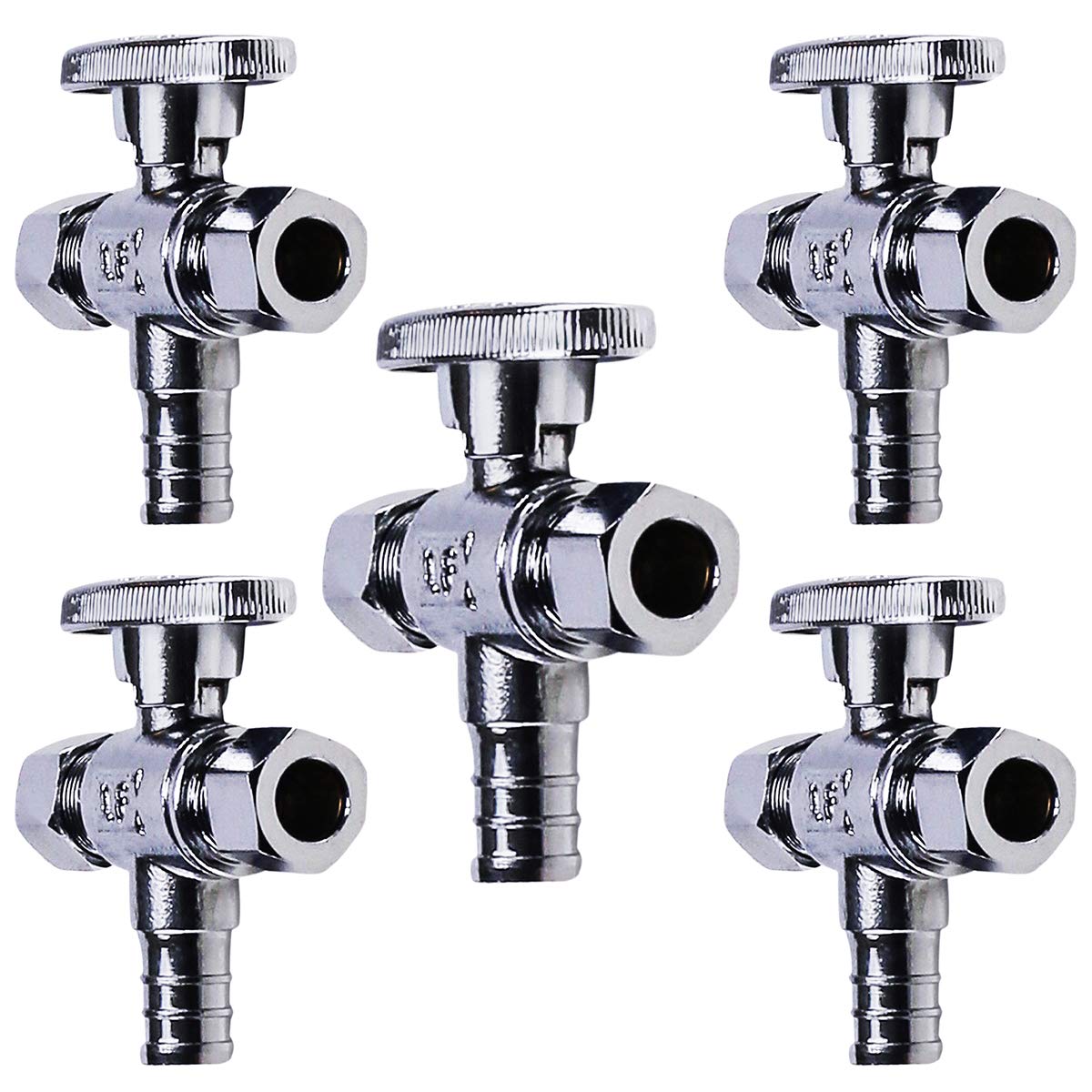 Midline Valve 86351QS-OM-5 Water Supply Angle Stop Valve; Dual Outlet; Quarter Turn Wheel; for Toilet, Sink, Dishwasher; 1/2'' PEX x 3/8'' x 3/8'' Compression; Chrome Plated Brass (5 PK)