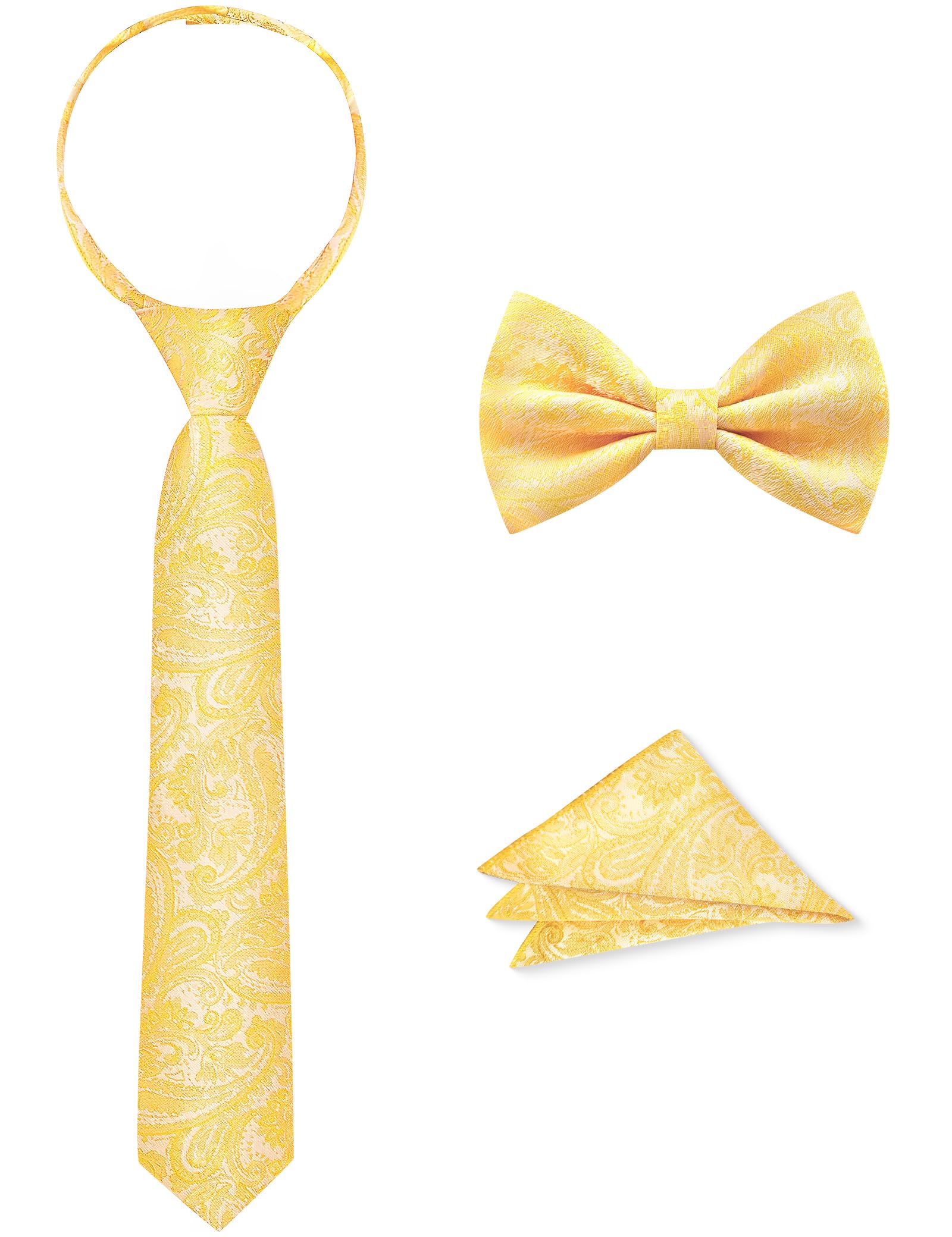 Boys Tie Set, Bow Tie &amp; Pre-Tied Zipper Necktie, Pocket Square
