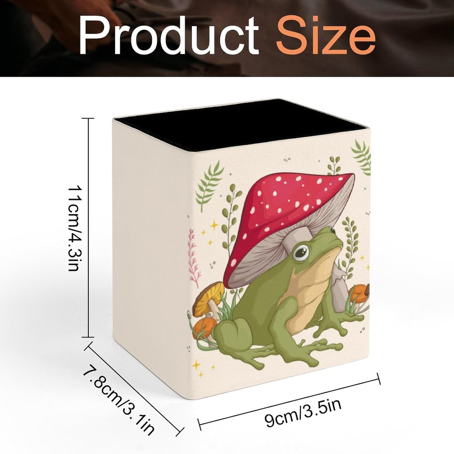 Niapessel Pencil Holder for Desk, Funny Frog with Mushrooms Pen Holder Storage Desktop Pen Organizer Desk Pencil Organizer Makeup Brush Holder for Office School College Leather image 2
