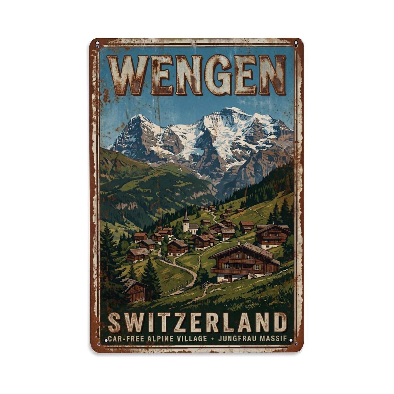 Cmhok Vintage Style Vintage Travel Wengen Switzerland Metal Tin Sign Wall Decor For Cafe, Club, Garden Metal Poster 8X12inch