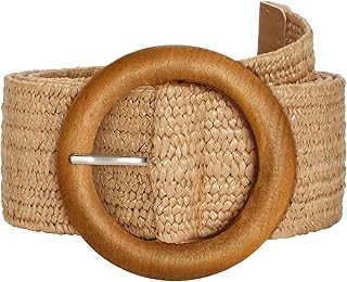 SUOSDEY Straw Woven stretchy Waist Belt for Women Dresses,Wide Boho Braided Elastic Belt with Round Buckle