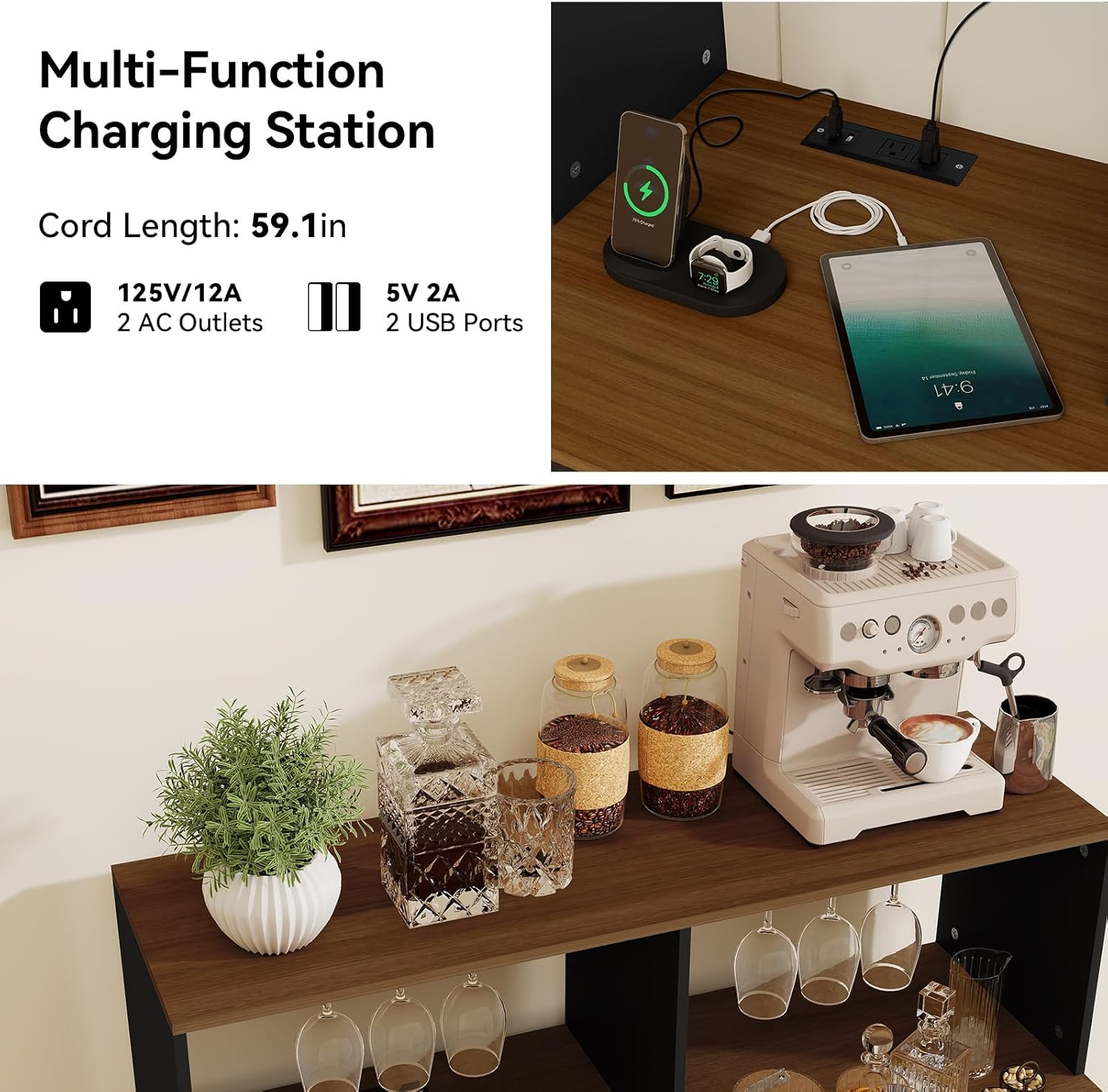 YOURLITE Coffee Bar Cabinet with Mini Fridge Space, Mini Fridge Cabinet with Charging Station and Glass Holder, Fluted Wine Sideboard Buffet with Power Outlet for Living Room, Kitchen, Home Bar, Black