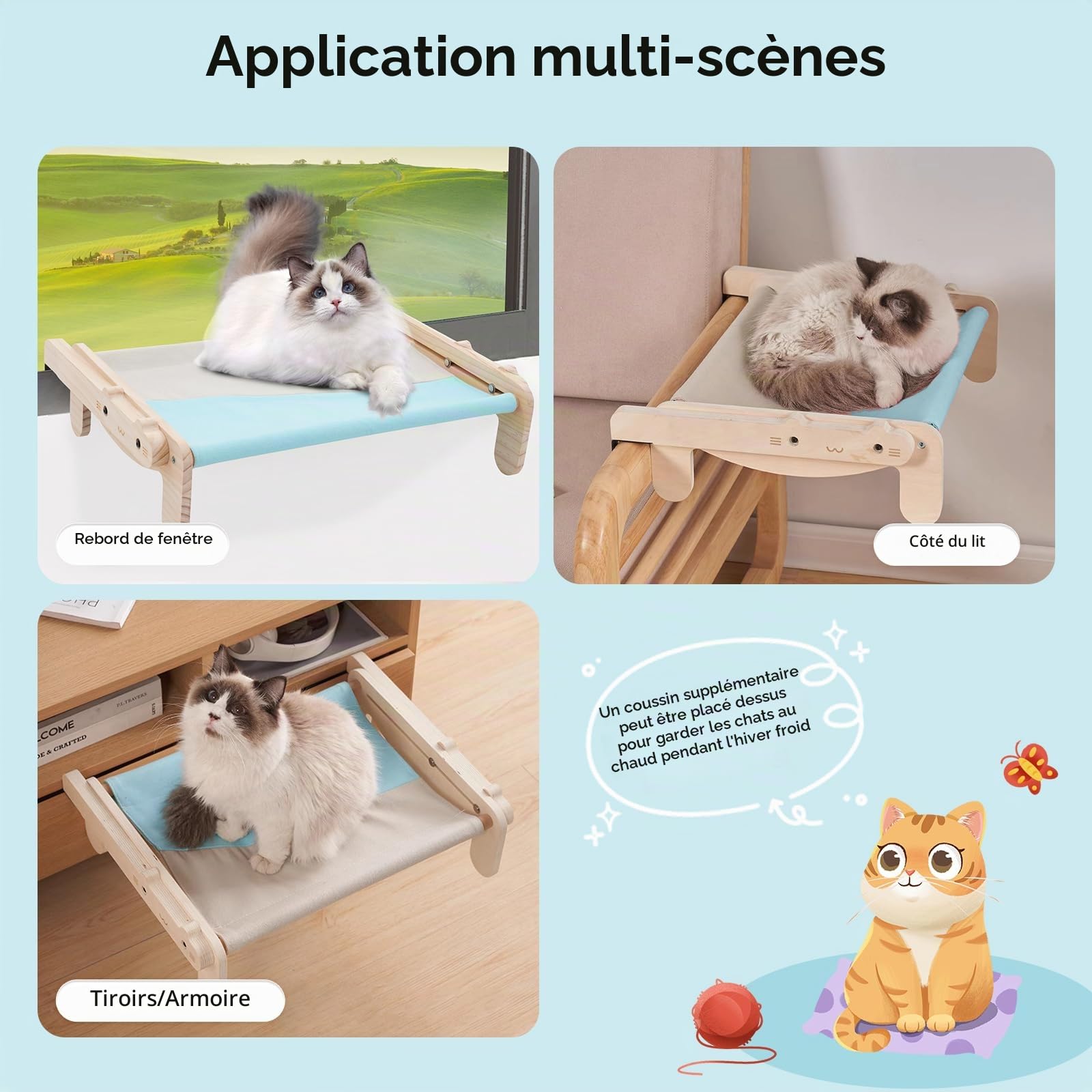 hamac Chat fenetre Bois perchoir Chat transat fenêtre,2in1 lit Chat Suspendu et lit de Chat pour 40lb Cat Hammock