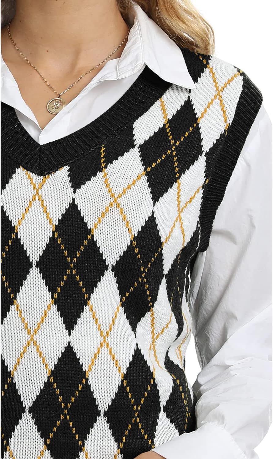 Lailezou Women's V Neck Knit Sweater Vest Argyle Plaid Preppy Style Sleeveless Crop Knitwear Tank - Image 2