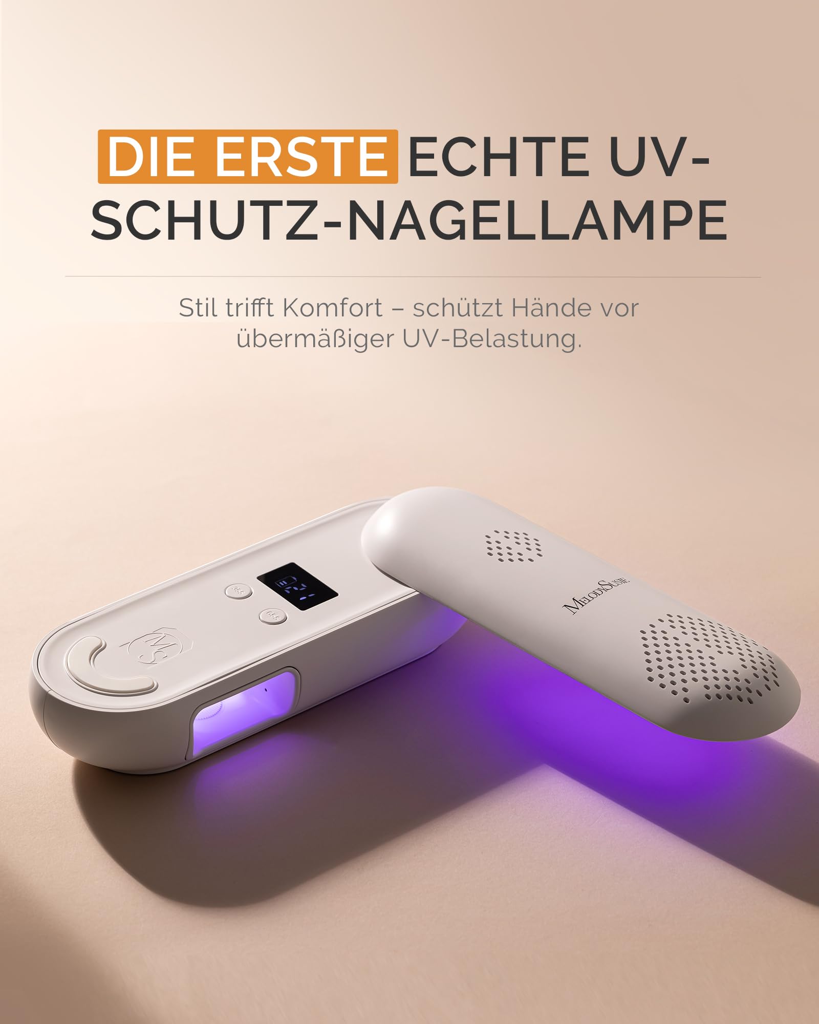 MelodySusie UV LED Nagellampe P-PLUS20F Kabellos Nageltrockner für Gelnägel | Anti-Schwarz, 240° Drehbar & Faltbar, LCD-Display, Aushärtung für Gel Nagellack，7800mAh Akku, 2,5 Stunden Vollladung