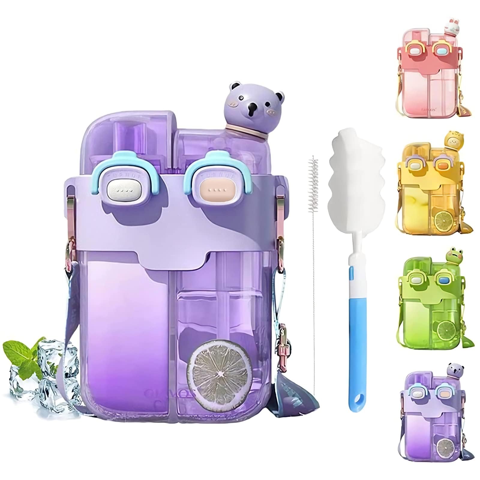 Hi-Y2Kgirls Kawaii Water Bottle with Straw, BPA-free Cute Water Bottles with Kawaii 3D Stickers, Portable Double Chamber Bottle with Leakproof Cap and Adjustable Strap, 26 oz (Purple (Bear)