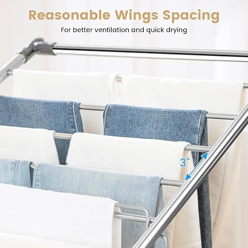 Miniatura 5 de Giantex Tendedero de secado de ropa, plegable de acero inoxidable con altura ajustable de 6 niveles, diseño de colgador alto, clips laterales,