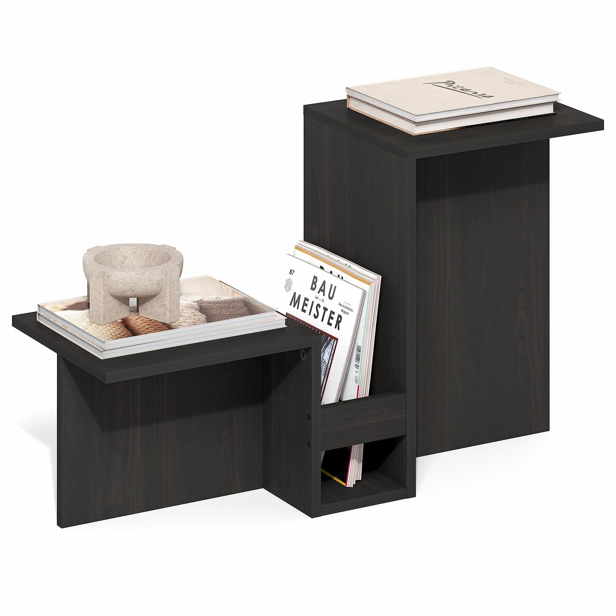 Furinno BOYATE Tavolino laterale, tavolino a forma di valle, tavolino con ripiano a più livelli e portariviste, per soggiorno, espresso