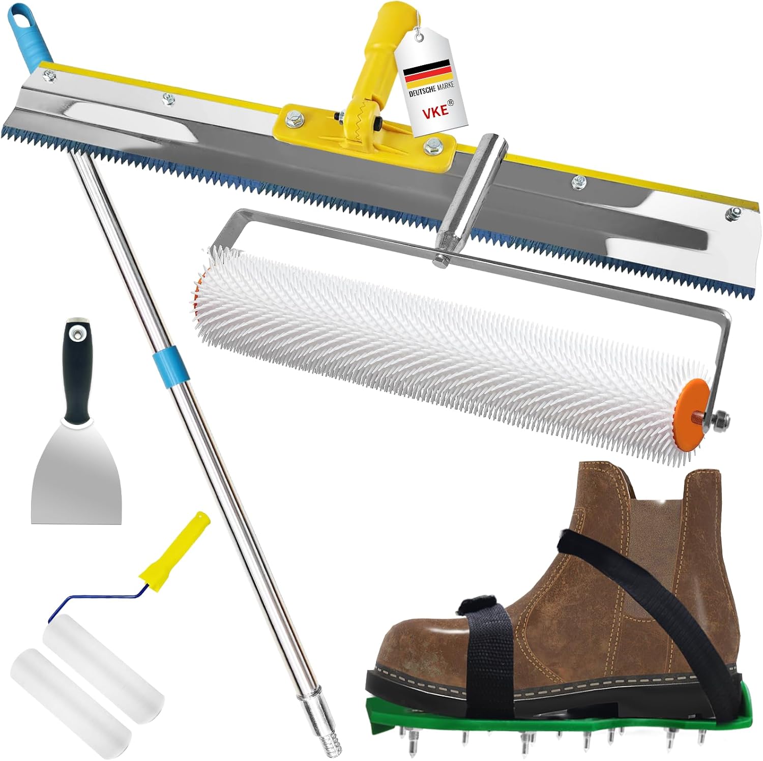 VKE Self Leveling Concrete Tools, Stainless Steel Epoxy Squeegee, Spiked Roller for Self Leveling 63 in Extension Pole, Epoxy Shoes, Epoxy Roller Easy to Clean, Rugged