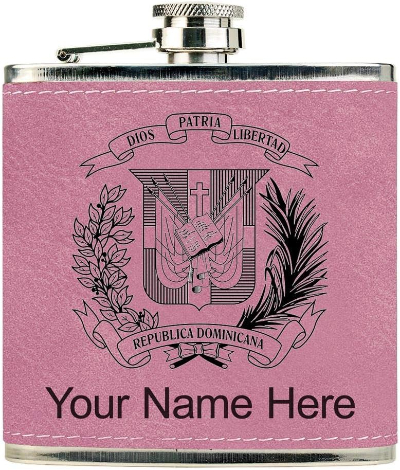Faux Leather Flask, Coat of Arms Dominican Republic, Personalized Engraving Included (Rustic)