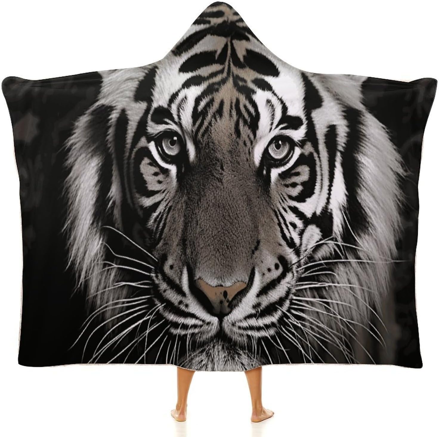 Black And White Tiger Wearable Hooded Blanket, Ultra Soft Arctic Velvet Cape Cloak Unisex - Cozy Wearable Blanket
