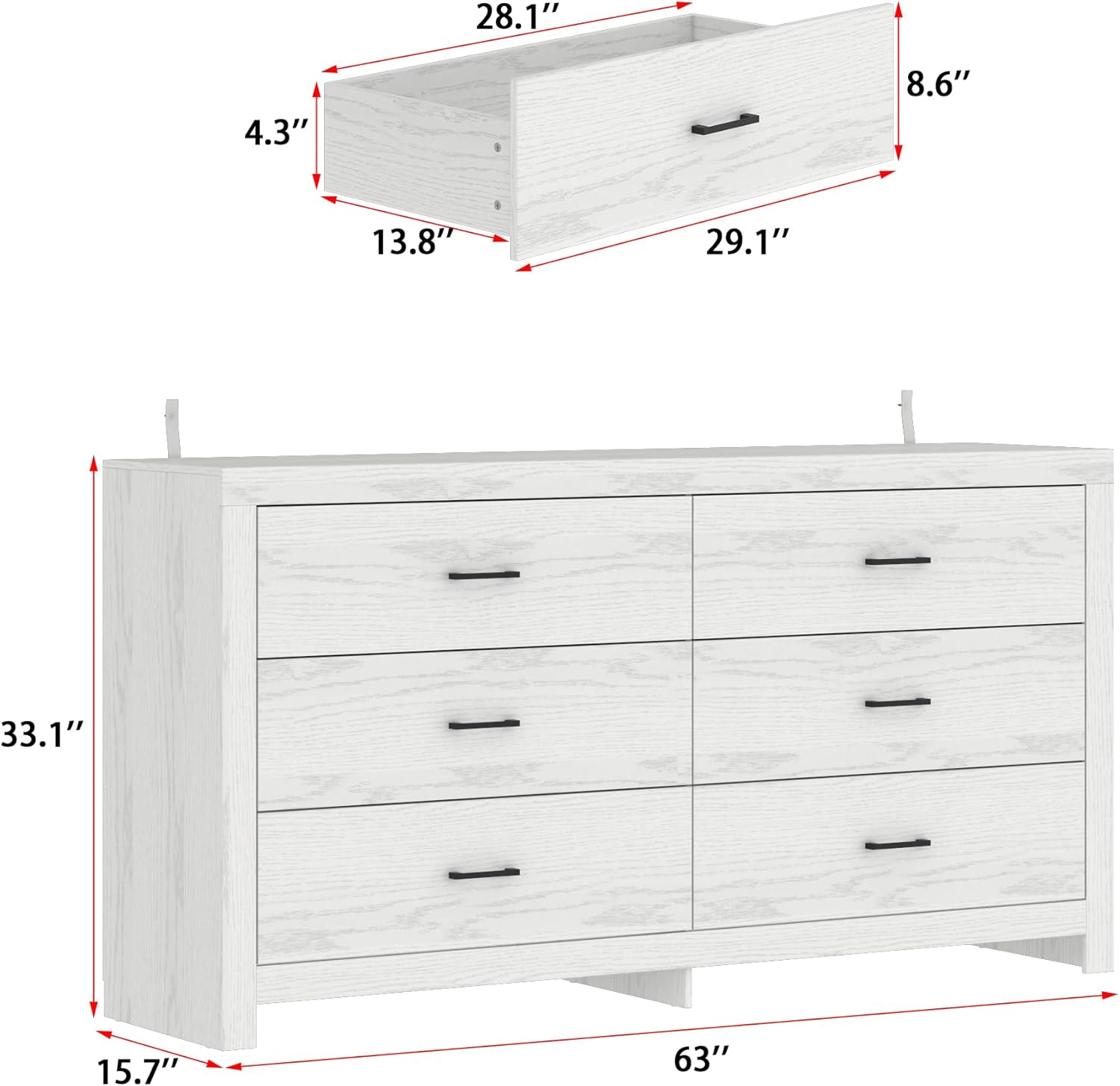 ECACAD 63" W Double Dresser with 6 Drawers & Black Handles, Chest of Drawers with Wood Grain, Modern Wooden Storage Tower for Bedroom Living Room, White