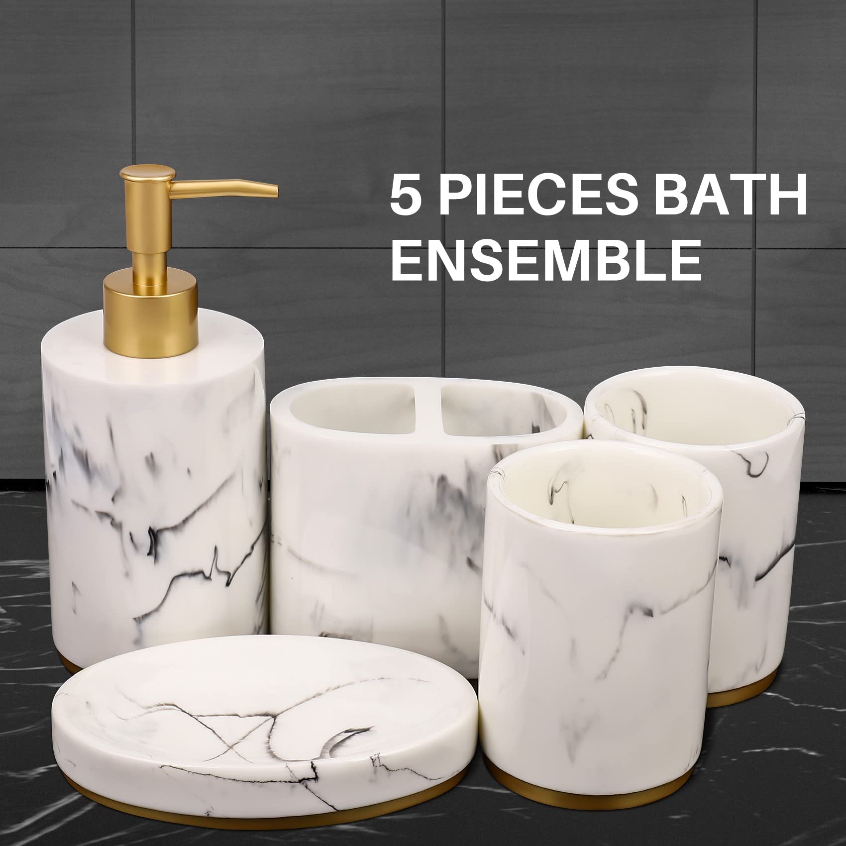 de accesorios de baño, conjunto de baño de 5 piezas, colección de juegos de baño, bomba dispensadora de jabón de mármol, soporte para cepillo de dientes, jabonera