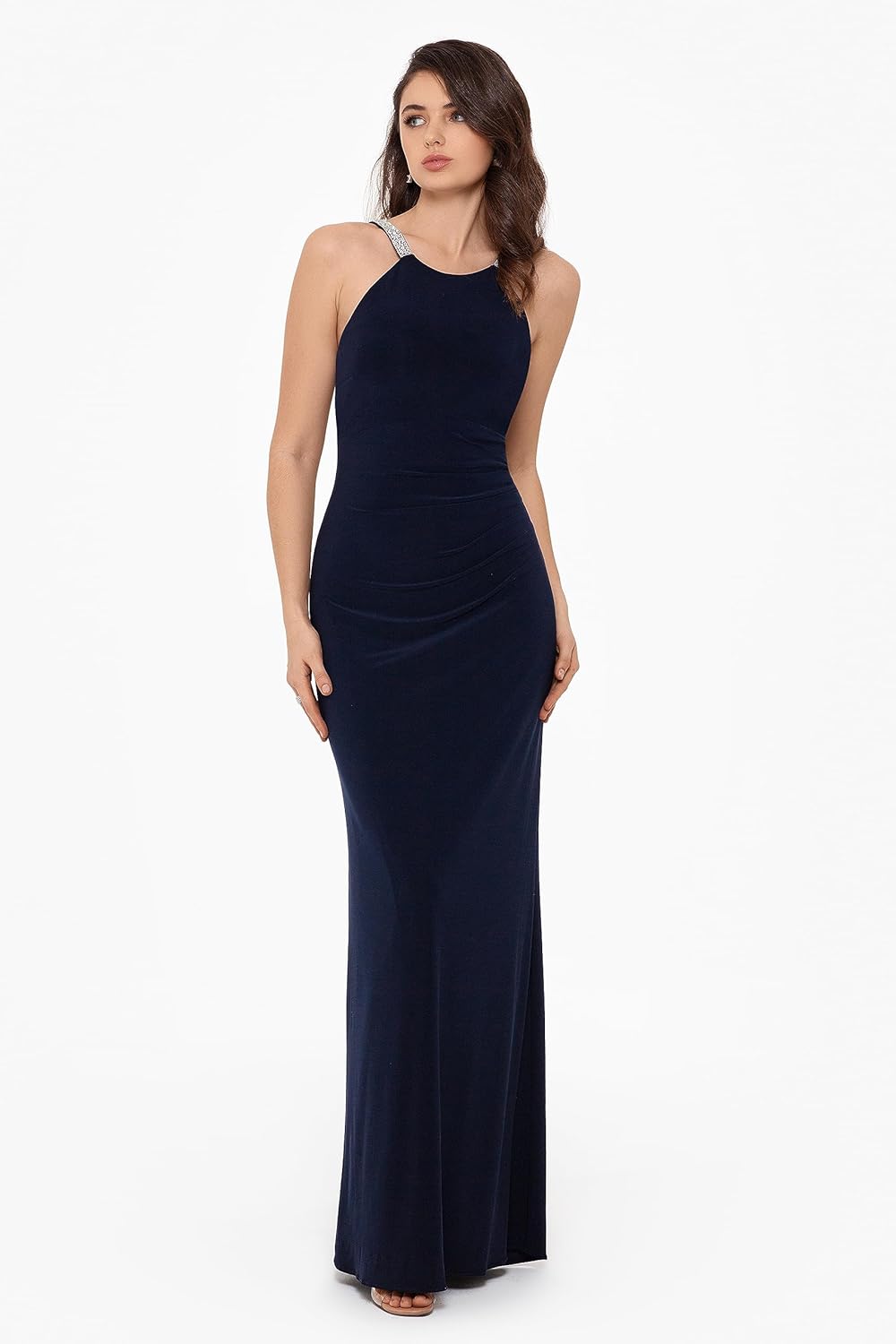 Betsy & Adam Womens Long Halter Neck Sleeveless Gown with Rhinestone Straps - Image 3