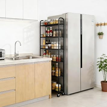 6 Tier Slim Rolling Storage Cart, Mobile Shelving Unit with Wheels, Metal Wire Storage Rack with Baskets for Kitchen Bathroom Office Laundry Narrow Piaces (6in Black Cart)