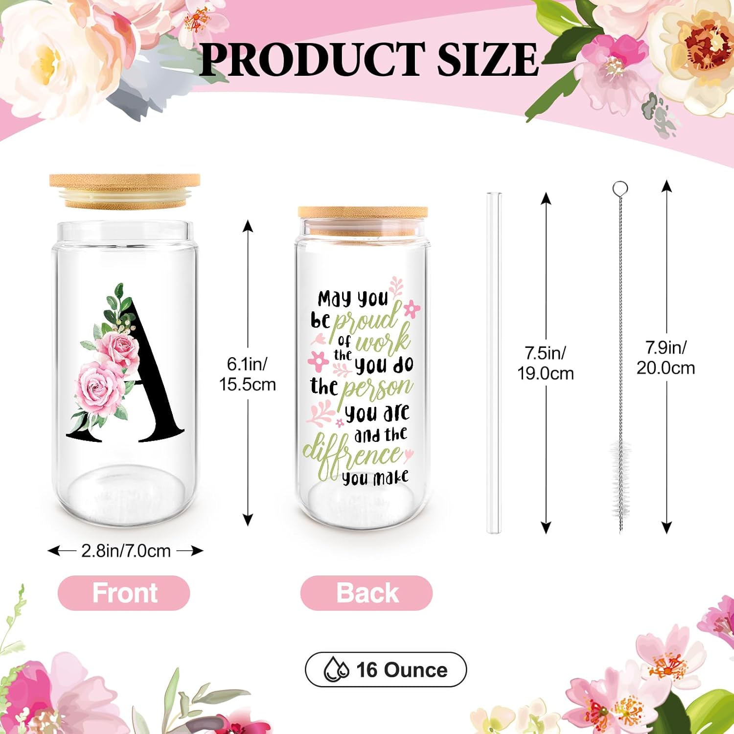 Initial Glass Cups with Lids and Straws, Personalized Gifts for Women, Iced Coffee Cup Glass Tumbler, Birthday Bridesmaid Proposal Inspirational Customized Gifts for Her Girls (A) - Image 3