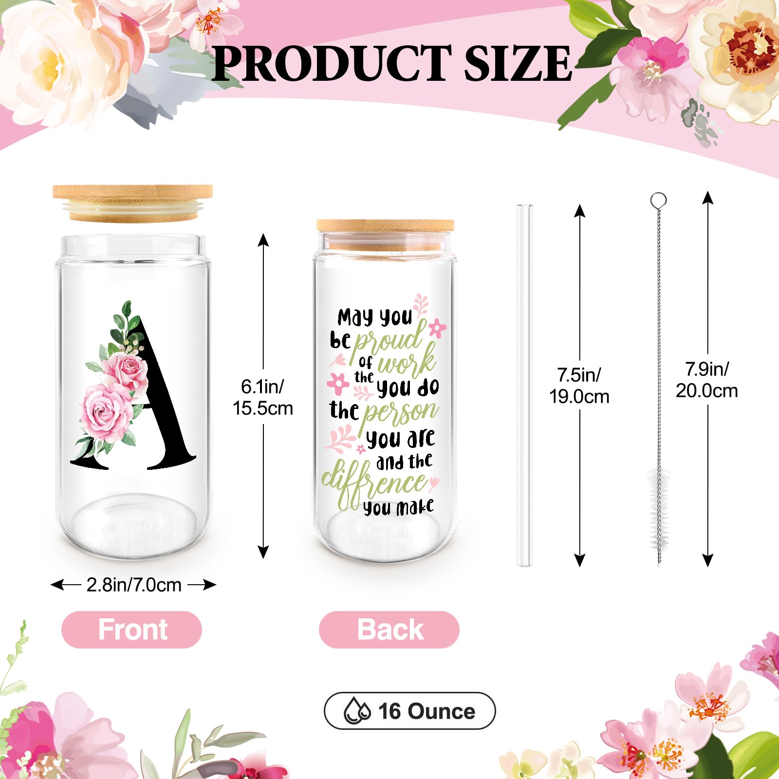 Initial Glass Cups with Lids and Straws, Personalized Gifts for Women, Iced Coffee Cup Glass Tumbler, Birthday Bridesmaid Proposal Inspirational Customized Gifts for Her Girls (A)