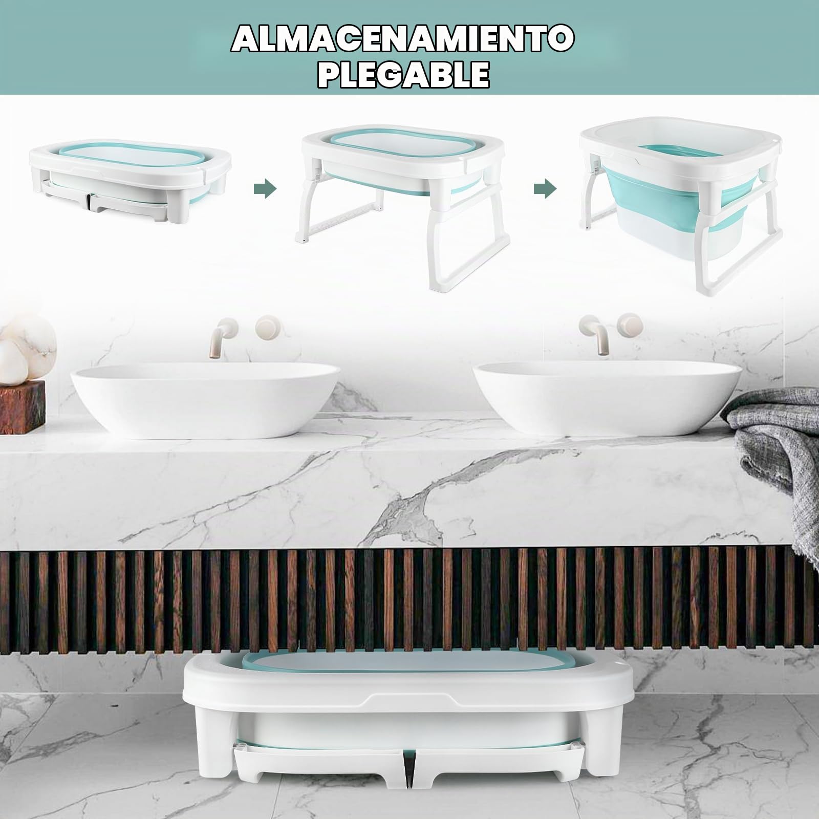 3 en 1 Bañera Plegable de Bebe de 0 a 8 Años, Bañera con Tapón de Drenaje, Capacidad de Carga de 50 KG-Baño Portátil para Niños, Antideslizante y Cómodo-72 * 51 * 42cm-azul