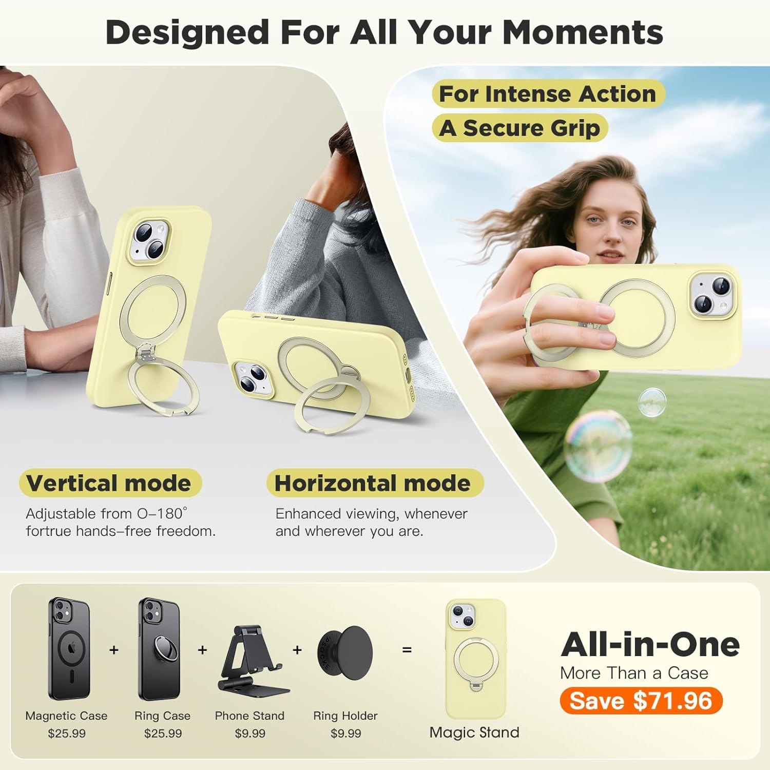 HuwaiH Case for iPhone 13/14, [360° Rotating Magnetic Ring Stand] with Strong Holder, Military-Grade Shockproof Silicone Phone Case, Full Protection Hands-Free Video Calls Car Mount, Yellow