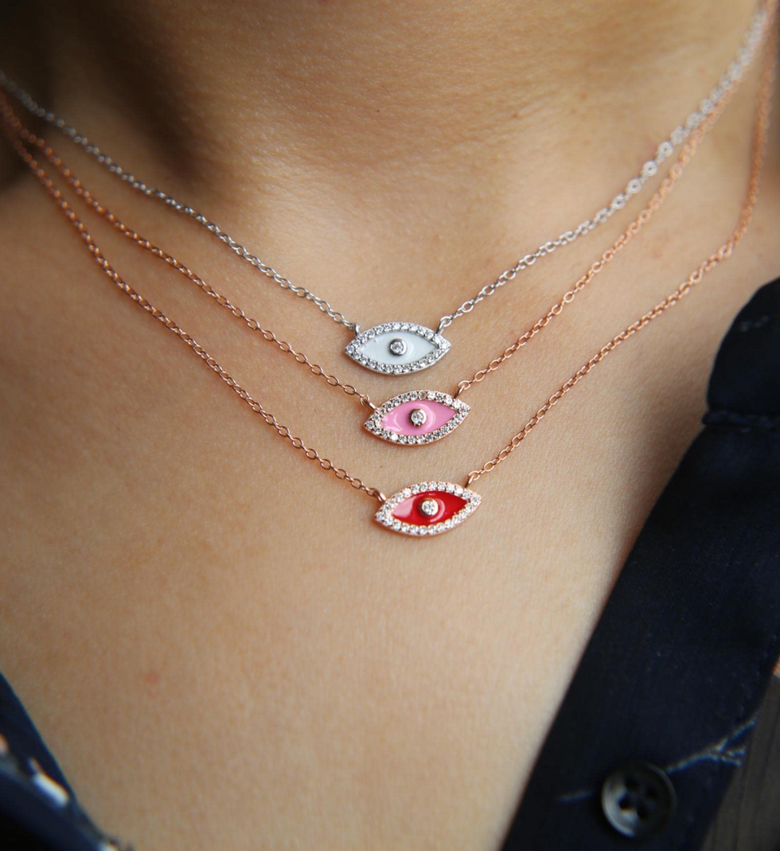 Collar de Boda esmaltado con Conjunto de Colgante de Mal de Ojo Real S925 Collar Turco Delicado para joyería de Regalo de niña (Azul Plateado a)