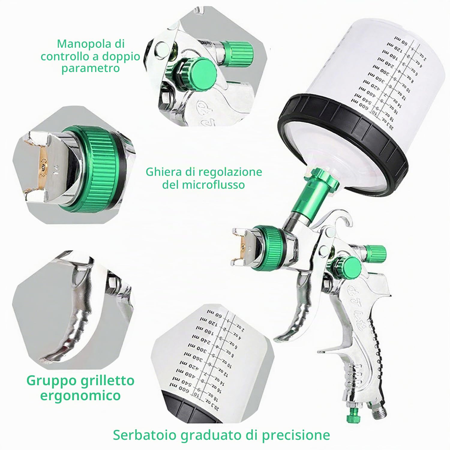 Pistola per Verniciare Pneumatica con 10 Tazze Colorate - Pistola a Spruzzo per Verniciare per Carrozzeria Auto, Kit Completo con 3 Ugelli e Manometro (Verde)