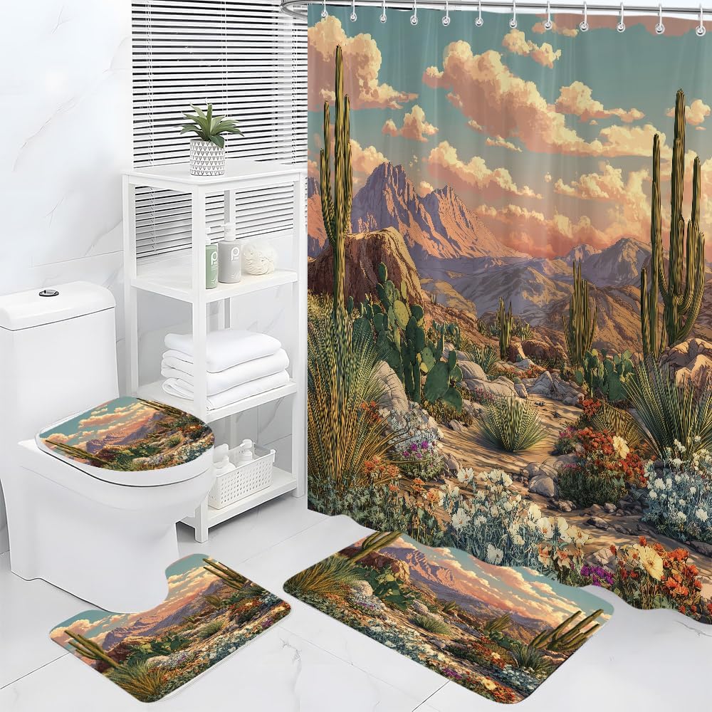 4Pcs Western Cactus Shower Curtain Sets, Tropical Desert Cacti Southwestern Theme Boho Bathroom Set with Non-Slip Rugs, Toilet Lid Cover, Bath Matand 12 Hooks 72 x 72 Inch