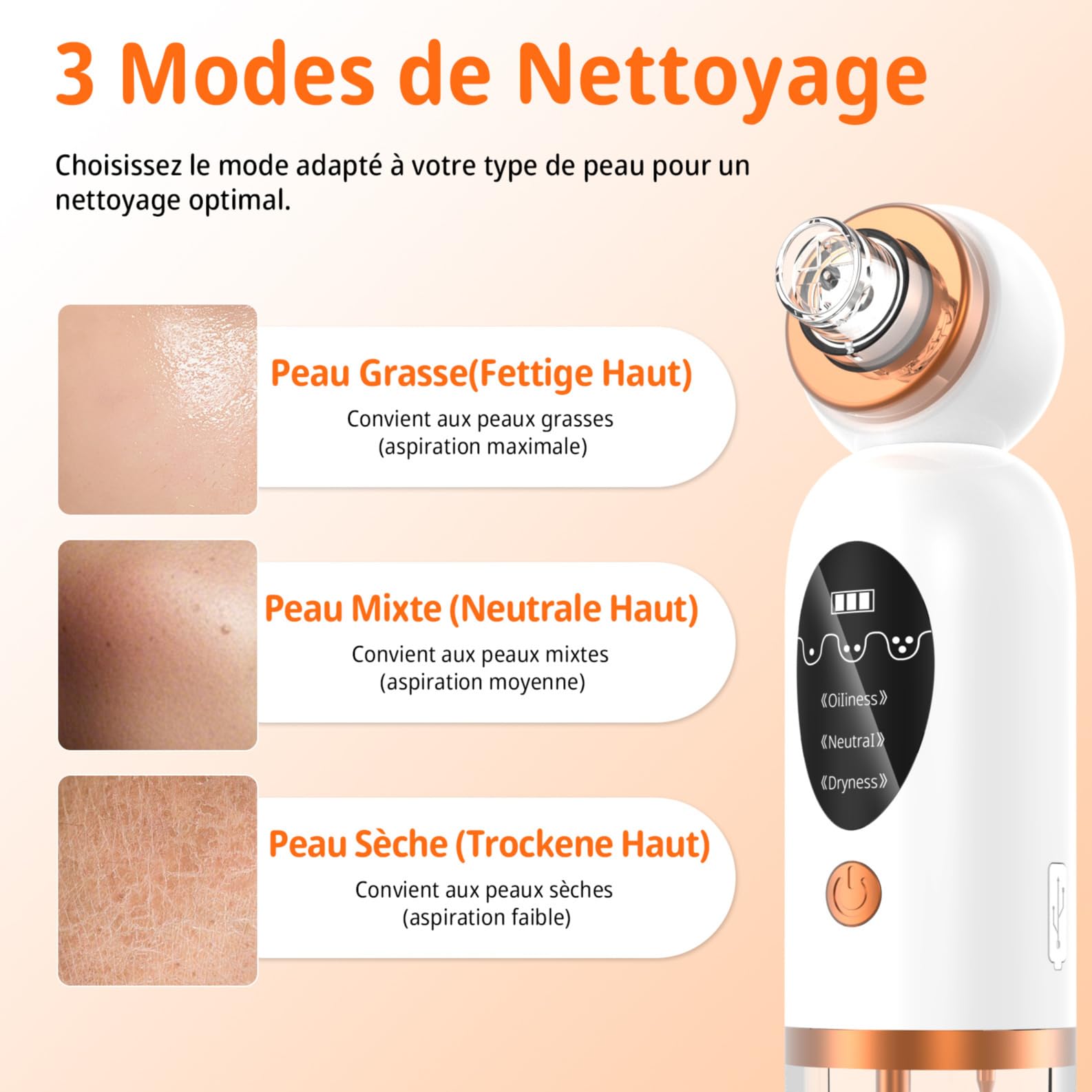 Aspirateur Pour Points Noirs, Extracteur Points Noirs Visage, 3 Modi Rechargeable & 6 Sondes & Réservoir d'eau Visible pour le Nettoyage du Visage, Traitement de l'acné et Soins de la Peau - Blanc
