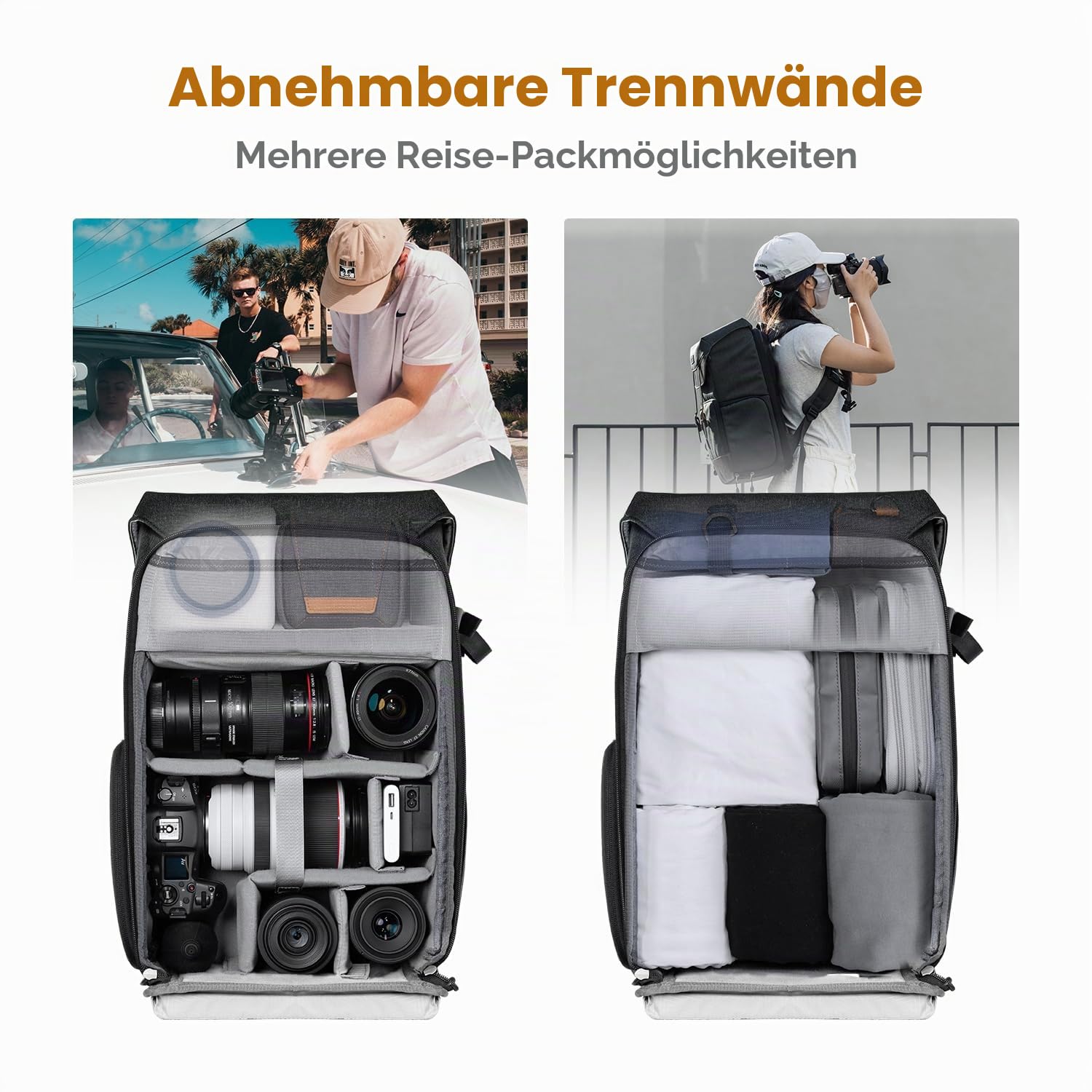 K&F Concept Kamerarucksack Rolltop 20L Fotorucksack Wasserdicht Robuste Rucksack-Stofftaschen aus Stoff für Spiegelreflexkamera Canon Nikon Sony Fujifilm Olympus und 15,6 Zoll Laptop