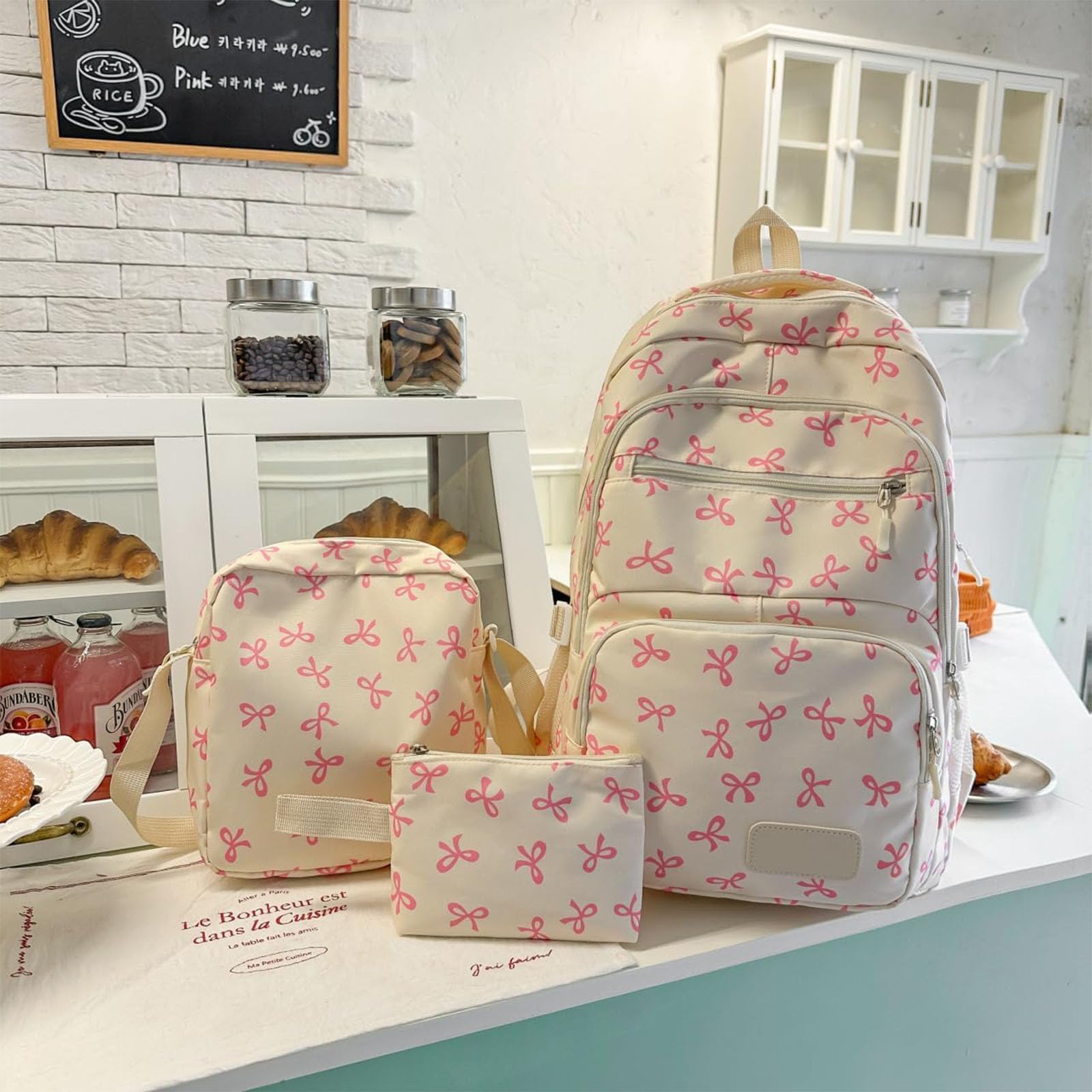 Rucksack-Set mit Schleife für Mädchen, Damenrucksack, adrette Schultasche, rosa Schultasche, 3-teiliges Rucksack-Set mit Schleife für Damen, für Grundschule