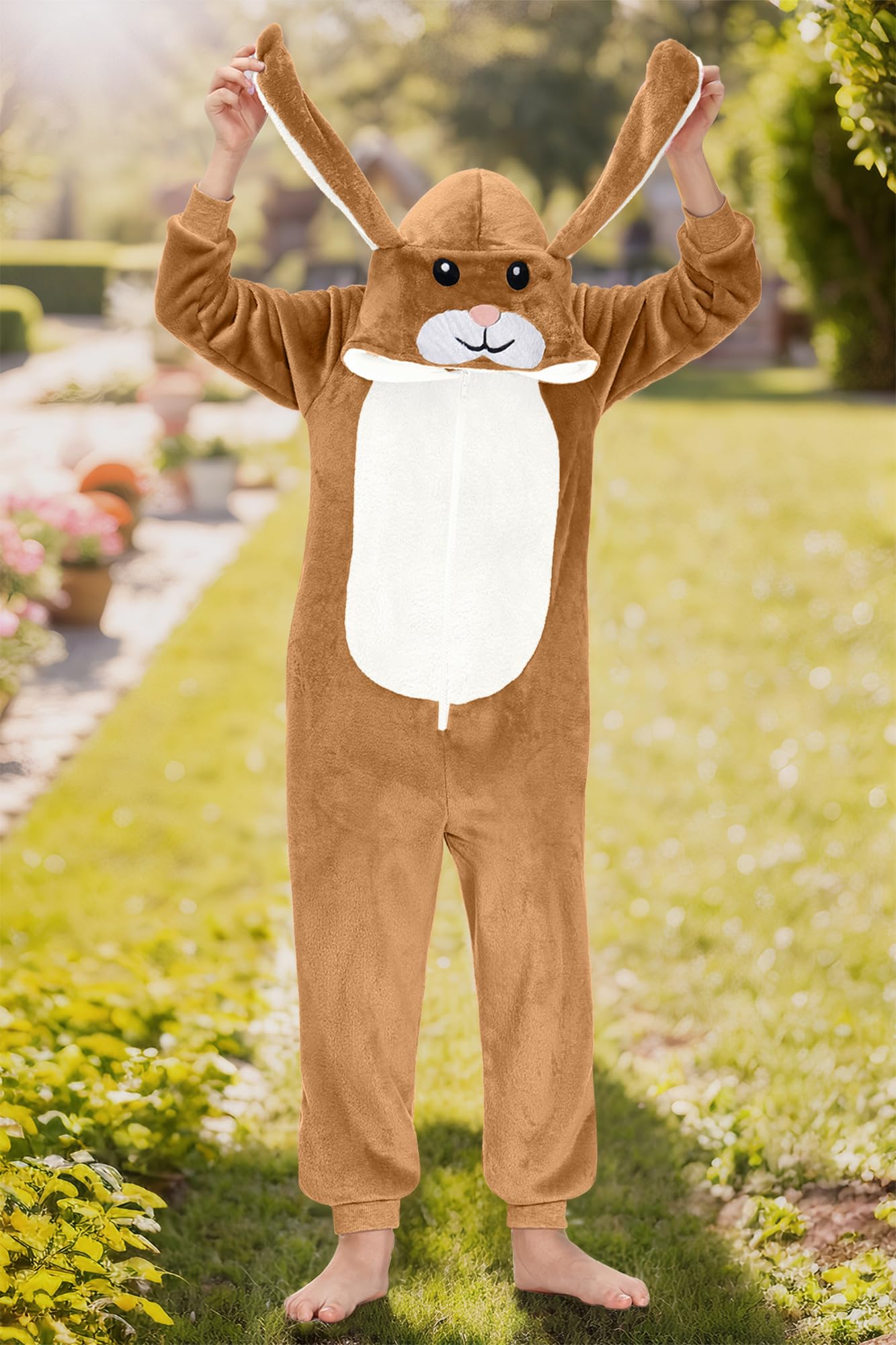 BesserBay Tuta intera unisex per bambini, con cappuccio, per Halloween, coniglietto peloso, 4-14 anni, Marrone | Tuta Coniglio, 8 anni