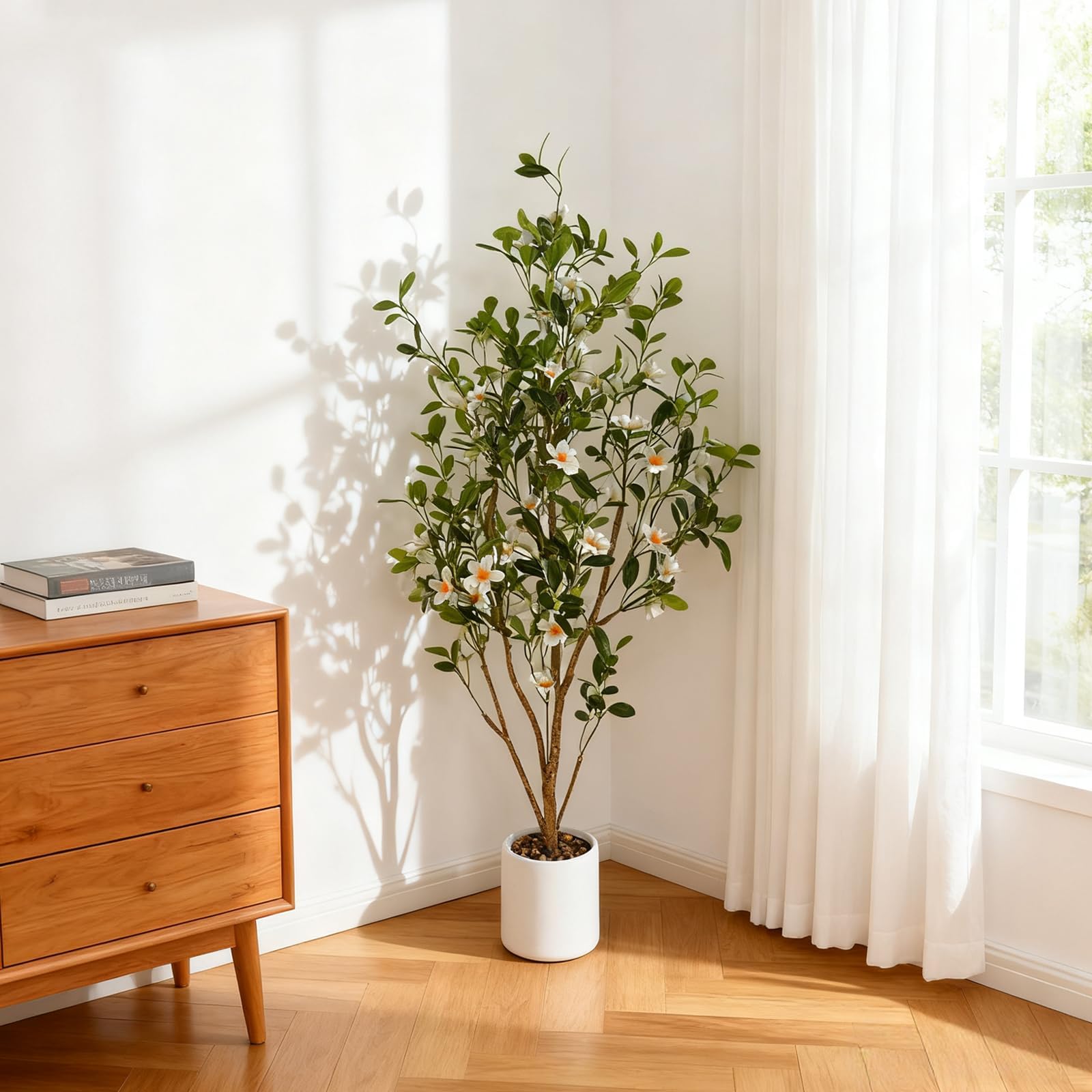 Künstlicher Baum Kunstpflanze 120cm, Fake Tropische Plastik Pflanze | künstlicher Blütenbaum, künstliche Pflanze im Topf, weiße Blüten Kunstpflanze, Zimmer Kunstbaum