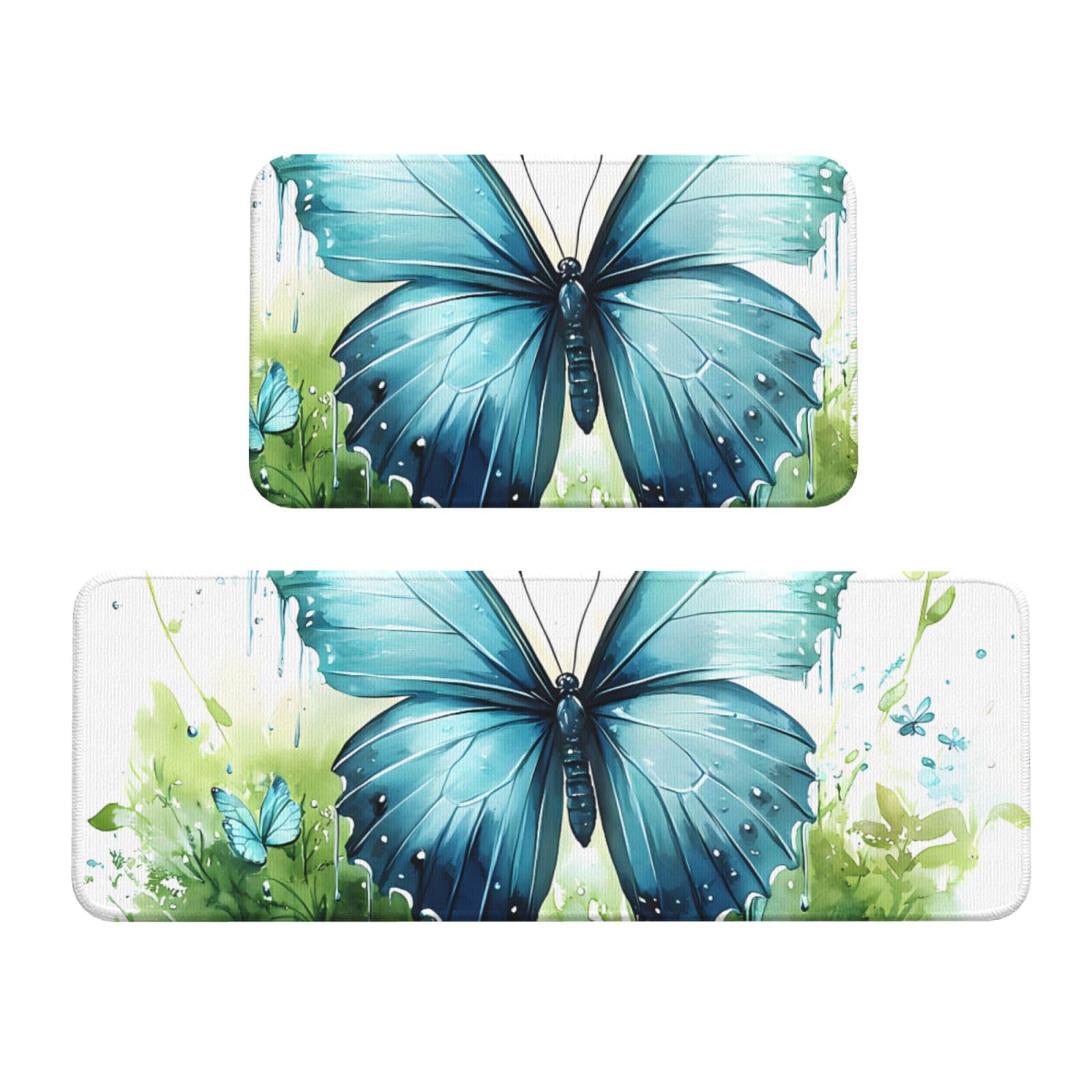 Juego de 2 tapetes de cocina de mariposa verde, alfombras de 43 cm de ancho