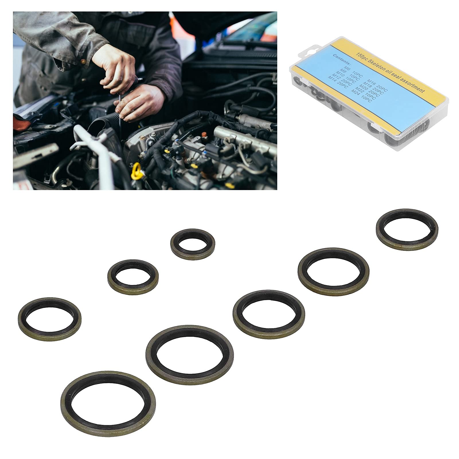 Surtido de arandelas de sellado unido 150 piezas Kit de sellado de aceite de alta presión de caucho metálico para dispositivos mecánicos automotrices M6 M8 M10 M12 M14 M16 M18 M20 M22 M24