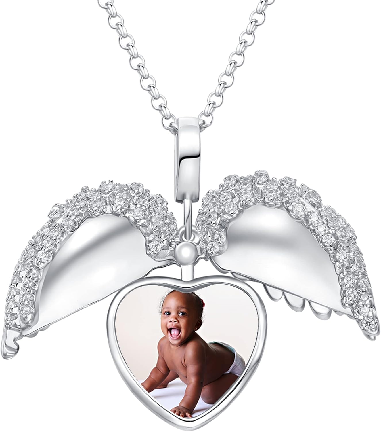 Sterling Silver Heart Locket Necklace for Women, Angel Wings Lockets Necklace for Women That Hold Pictures, Gold/Silver Personalized Engrave Memorial Photo Lockets Pendant for Kids Girl with Chain 12-22in