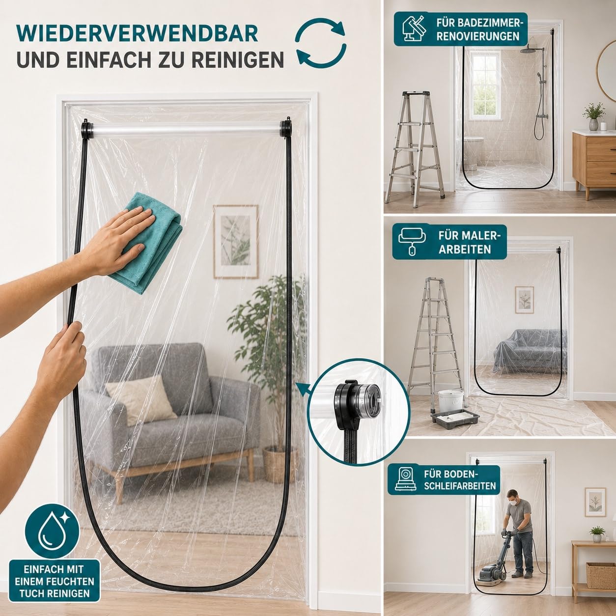 ECOMMERC3 | 2x Staubschutztür mit Reißverschluss 220 x 120 cm - Bautür Transparent für Renovierung und Baustelle - Einfache Montage mit Klebeband