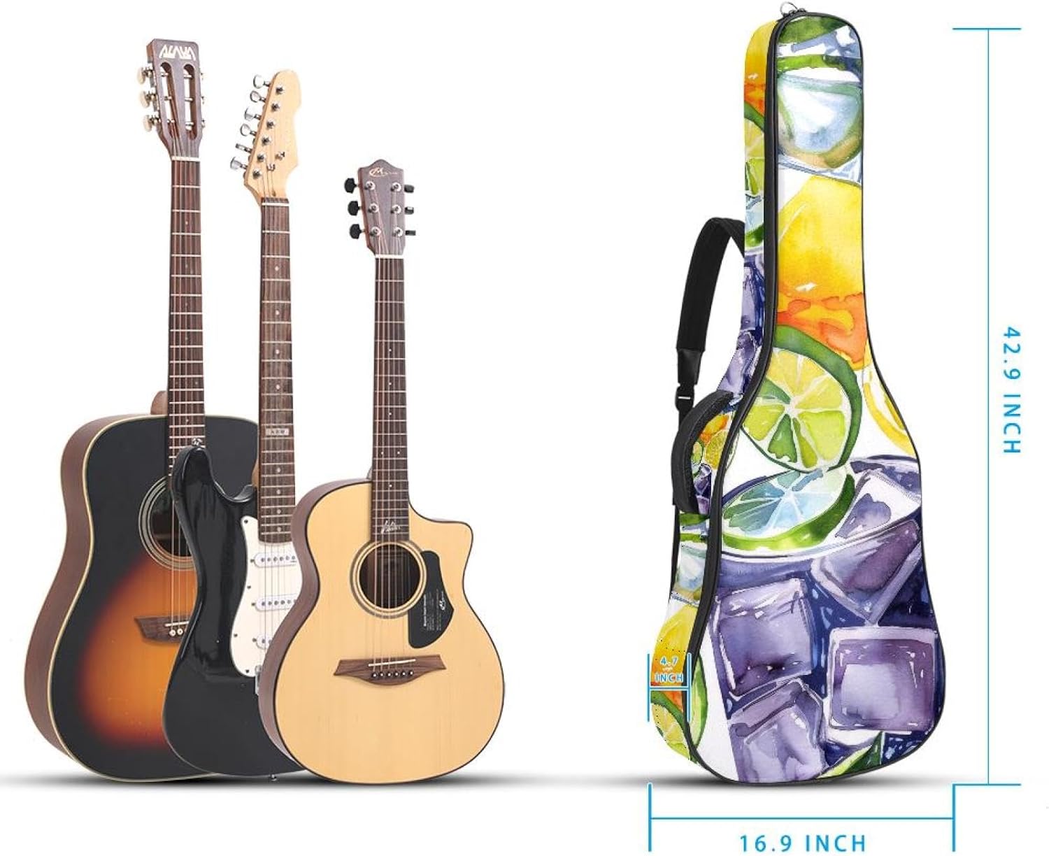 40 41 42 Inch Acoustic Guitar Bag, 0.4 In Thick Sponge Padded Guitar Case Gig Bag with Back Hanger Loop and 2 Pockets, Seamless Watercolor Fruits Pattern