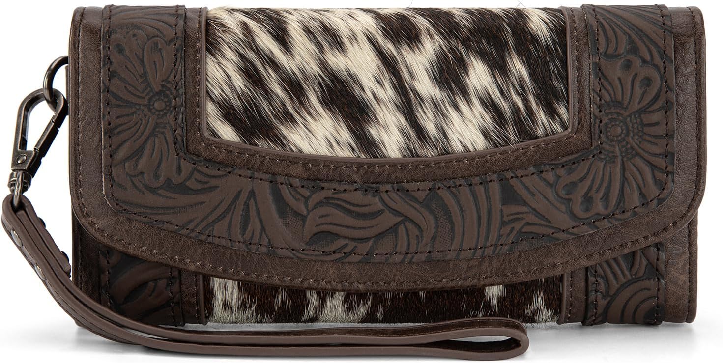 Montana West Wristlet Wallets for Women Western Floral Tooled Cowhide Wallets Large Capacity Trifold Wallet with ID Window
