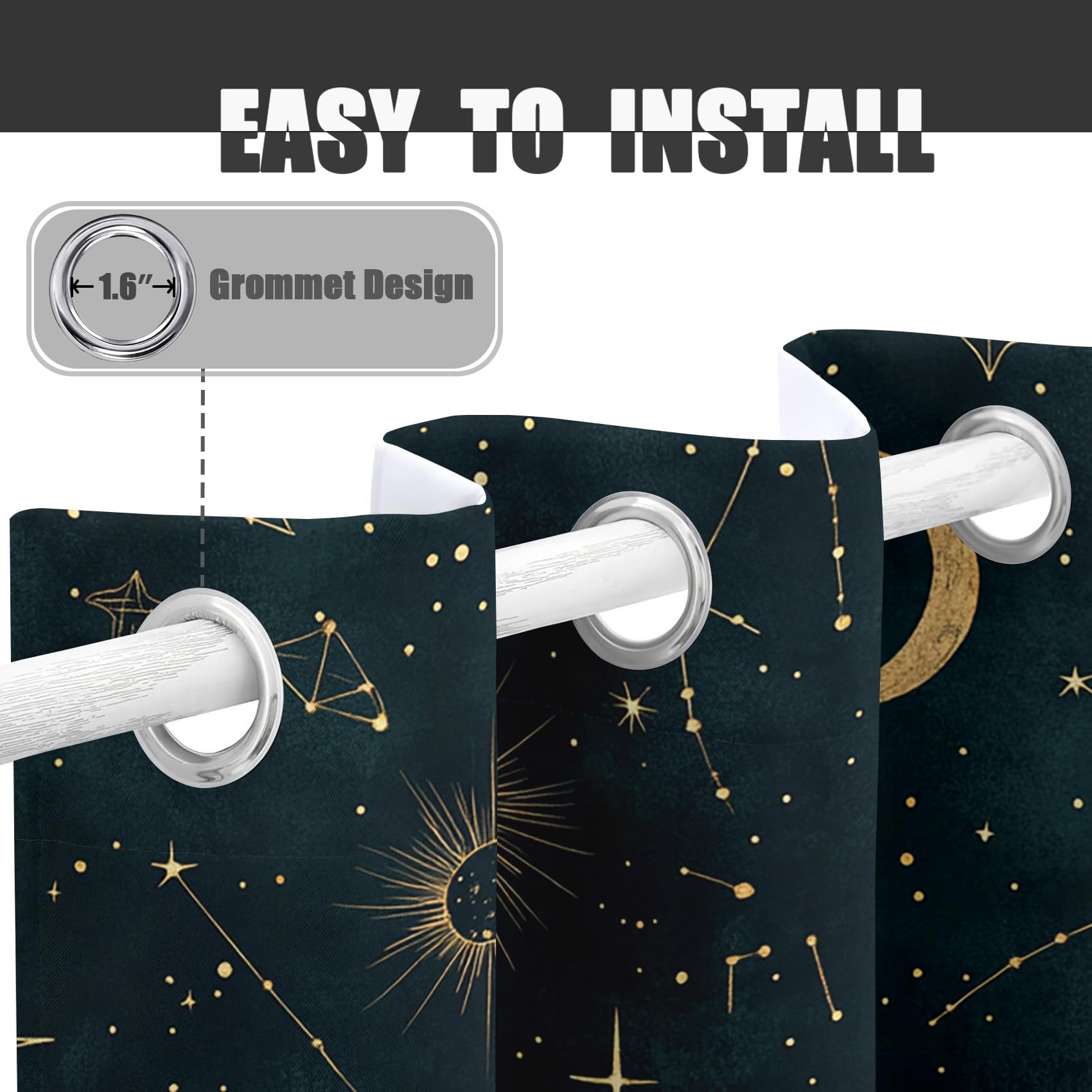Generisch Vorhang Sterne Mond Blickdicht, Vorhänge Witchy Sternbilder, Fenster Gardinen Schlafzimmer Wohnzimmer, Verdunklungsvorhänge mit ösen, Thermovorhang, 2er Set Curtains, H 175 x B 140 cm Uj55