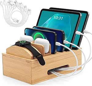 Natural Bamboo Charging Station Organizer For Multiple Devices Desk Charging Station Organizer Wooden Docking Station Multi Device Charging Stand With Cable Cord Drawer For Phone Tablet Airpods Watch - View #7