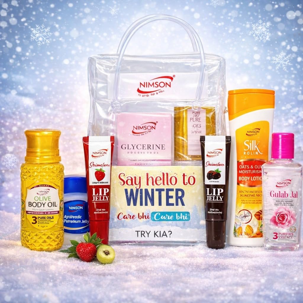 Nimson Complete Essential Beauty Care Combo Pack of 8 With Travel Pouch, Winter Skincare Set, Olive Body Oil, Lip Jelly, Glycerine, Body Lotion, Gulab Jal-image-49