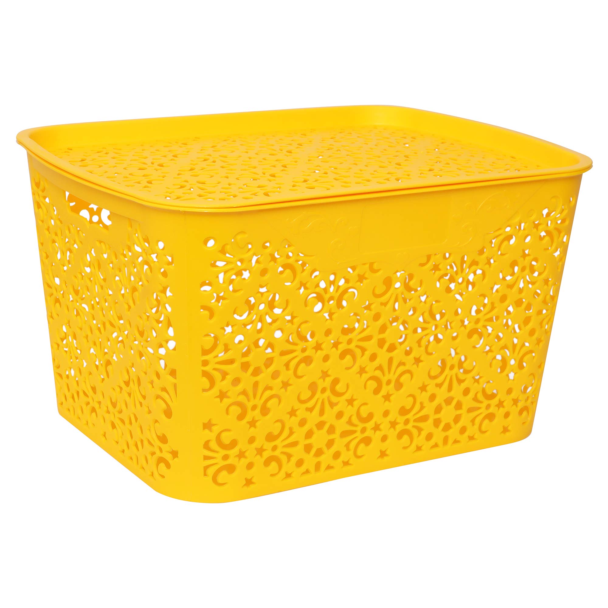 Cutting EDGE Turkish Baskets Large (42 x 32 x 23 cm) with Lid for Kitchen, Vegetables, Toys, Books, Office, Stationery, Utility, Cosmetics, Accessories, Closet, Wardrobe - Yellow (Set of 1)