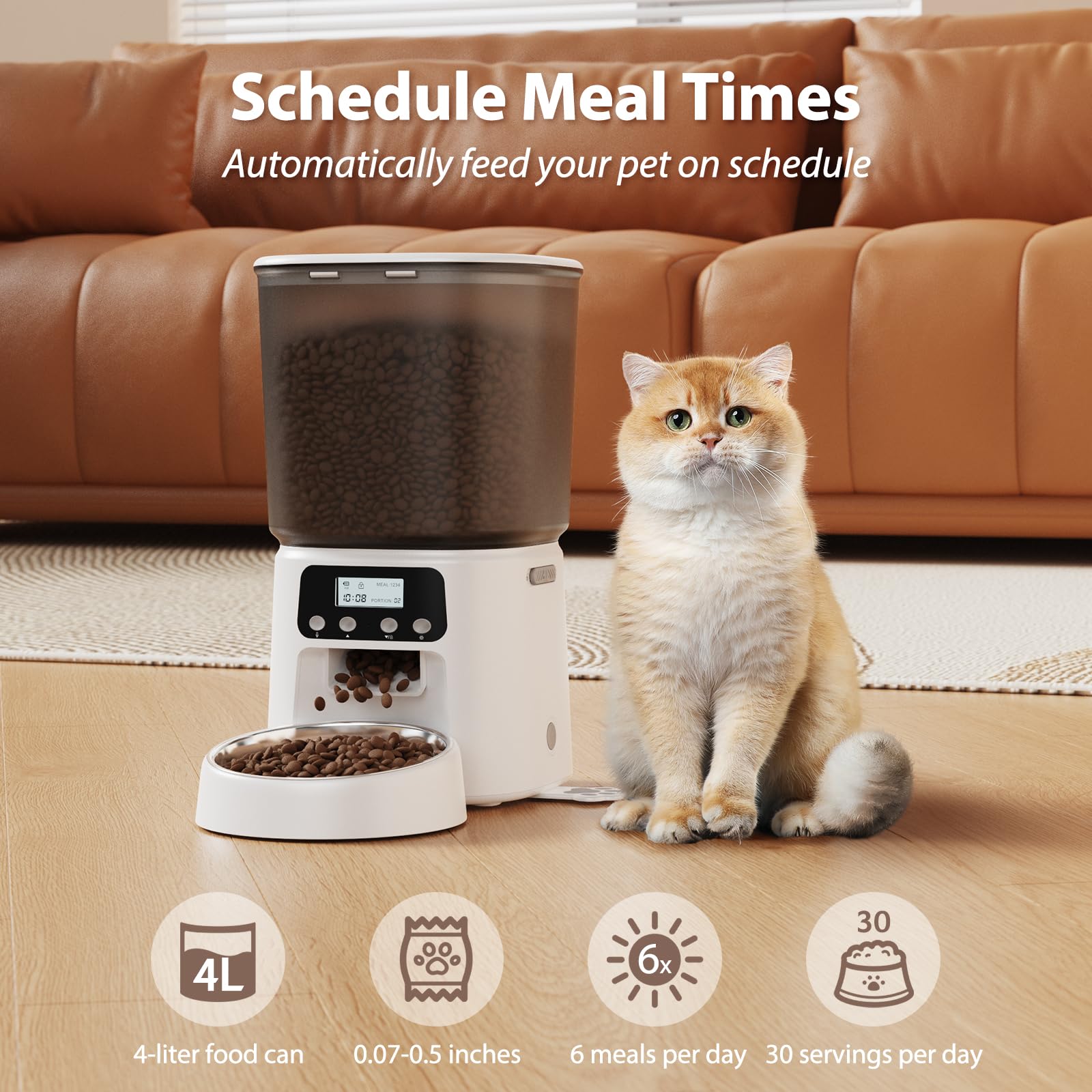Automatic Cat Feeder, 4L/16Cups Cat Food Dispenser with Stainless Steel Bowl 30 Portions 6 Meals per Day, Programmable Auto Cat Feeder for Kitty Small Dogs with 10S Voice Record, White - image 2