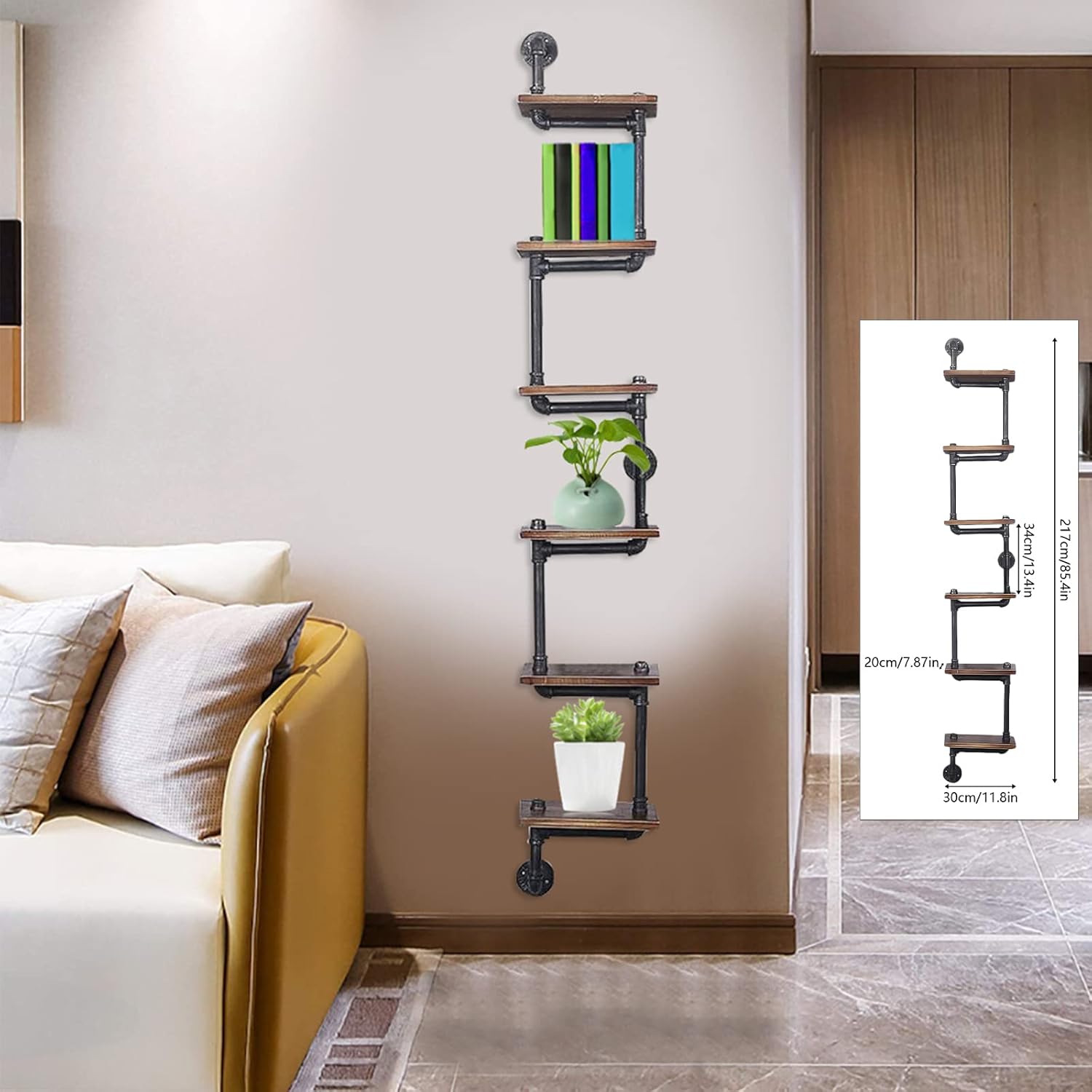 Bookcase with 6 Tier Industrial Pipe Shelving, Individuality Pipe Shelves with Wood Planks, Rustic Floating Shelves Wall Mounted, Retro Bar Shelf