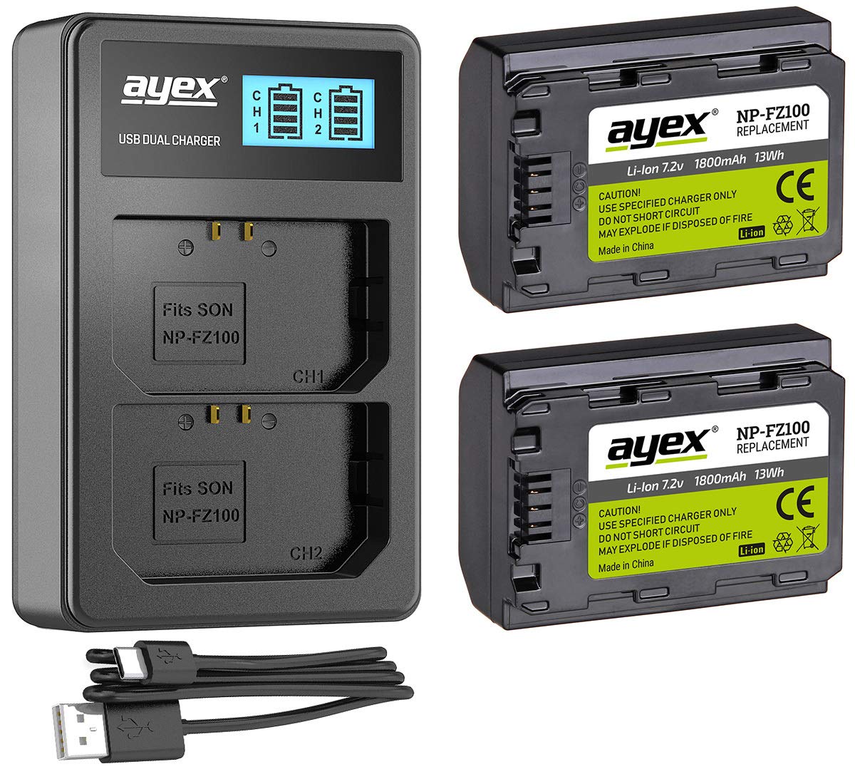 ayex NP-FZ100 - Cargador USB dual para Sony Alpha A7 III, A7R III, A9 (2 unidades)