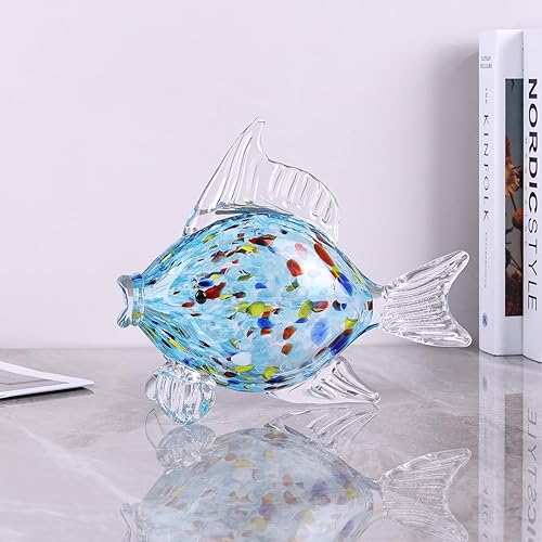 Vista 5 de Figura grande de pez de vidrio para decoración del hogar, estatua de animales marinos de vidrio soplado a mano, escultura decorativa con temática