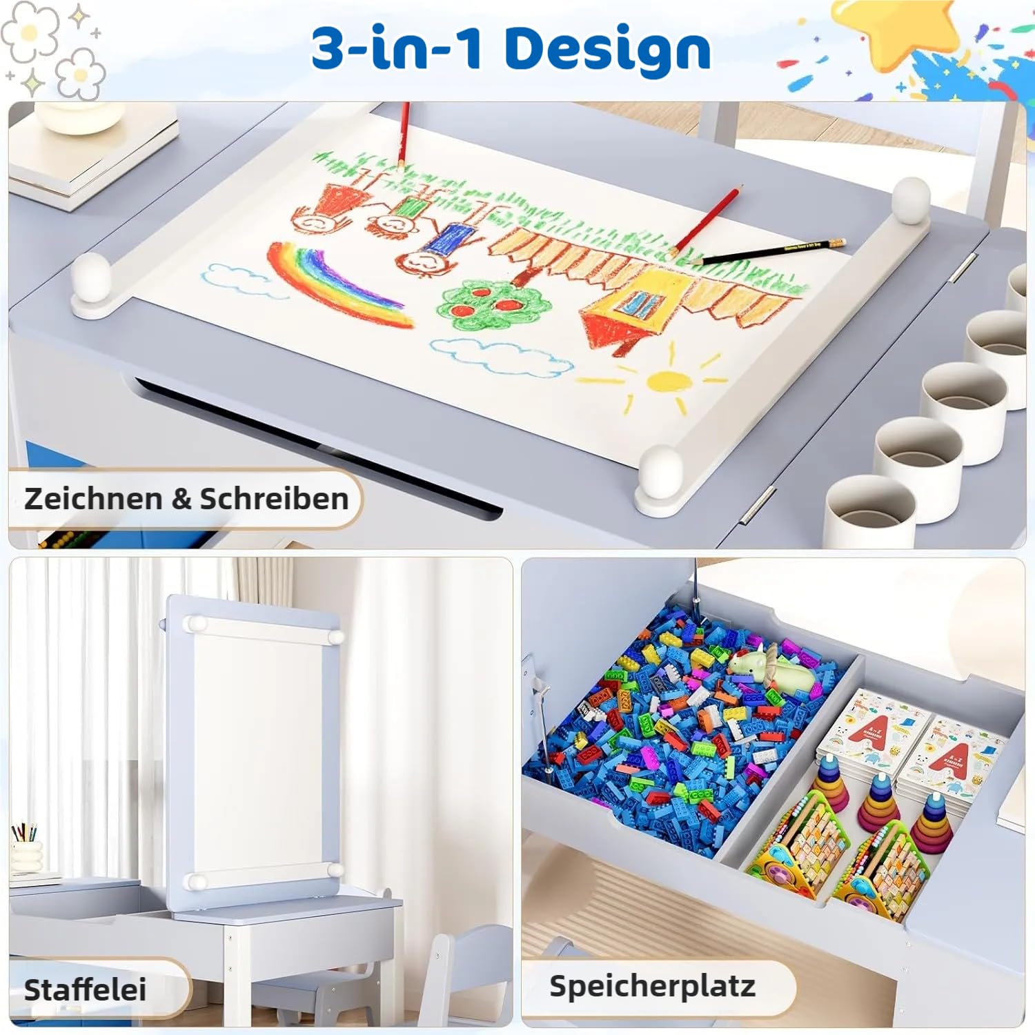 Clevich Kindertisch mit 2 Stühlen, Tisch-Stuhl Set Holz, Kindersitzgruppe mit Stauraum, Maltisch mit Papierrolle, Mal und Basteltisch für ab 3 Jahre (Blau)