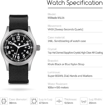 Militado ML05 ML05B 38mm Vintage Field Watches for Men, VH31 Sweep Hands/515/Miyota Super 2035 Quartz Movement Watch, Domed Sapphire Crystal AR Coating, C3 Super Luminous, 100M Waterproof